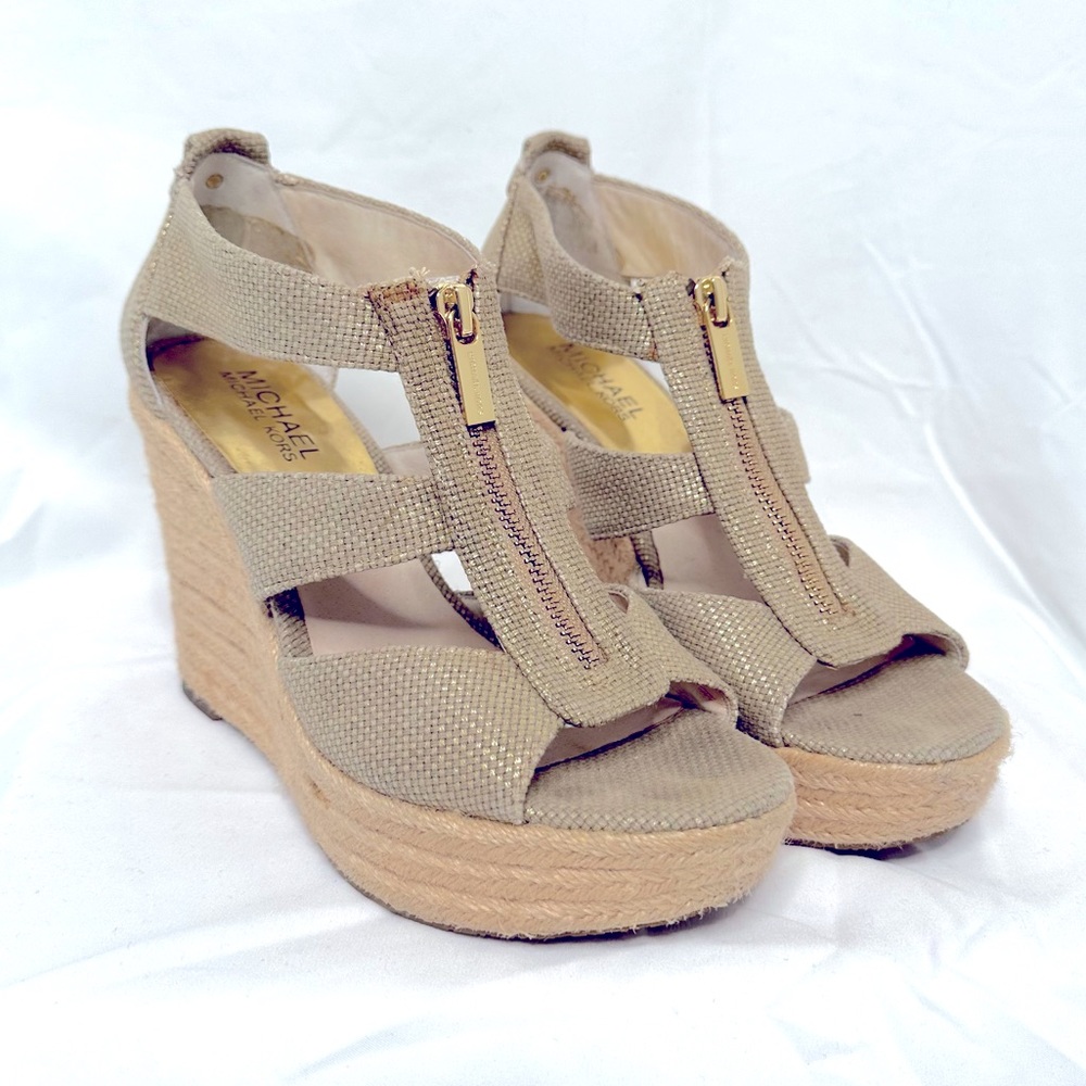 Michael Kors beige metallic espadrille wedge sandal